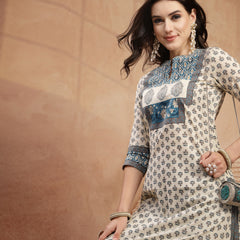 Gulmohar Jaipur Rayon Calf Length Printed 3/4 Sleeve Mandarin Collar A-Line Kurta Suit Set