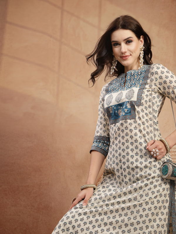 Gulmohar Jaipur Rayon Calf Length Printed 3/4 Sleeve Mandarin Collar A-Line Kurta Suit Set