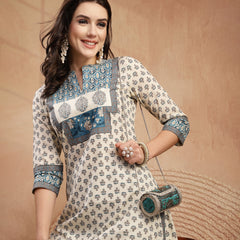 Gulmohar Jaipur Rayon Calf Length Printed 3/4 Sleeve Mandarin Collar A-Line Kurta Suit Set