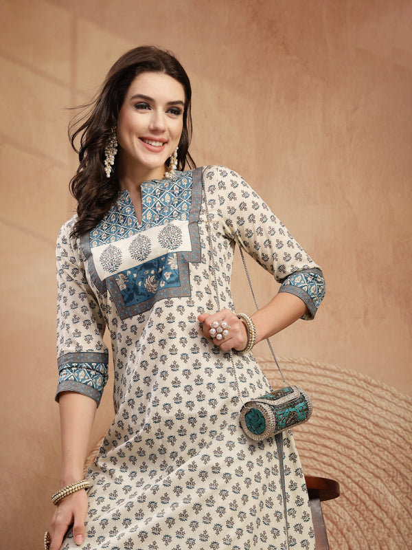 Gulmohar Jaipur Rayon Calf Length Printed 3/4 Sleeve Mandarin Collar A-Line Kurta Suit Set