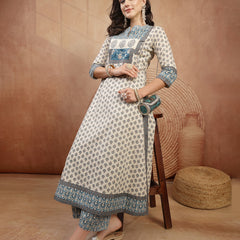 Gulmohar Jaipur Rayon Calf Length Printed 3/4 Sleeve Mandarin Collar A-Line Kurta Suit Set