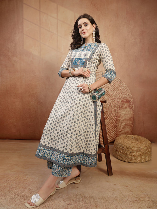 Gulmohar Jaipur Rayon Calf Length Printed 3/4 Sleeve Mandarin Collar A-Line Kurta Suit Set