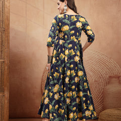 Gulmohar Jaipur Cotton Calf Length Printed 3/4 Sleeve V-Neck Flared Kurta
