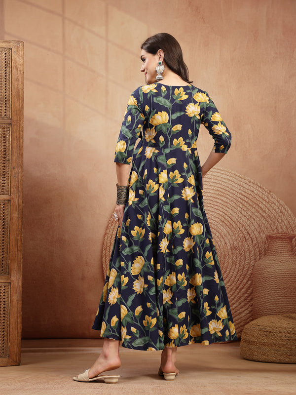 Gulmohar Jaipur Cotton Calf Length Printed 3/4 Sleeve V-Neck Flared Kurta