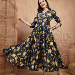 Gulmohar Jaipur Cotton Calf Length Printed 3/4 Sleeve V-Neck Flared Kurta