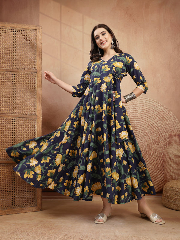 Gulmohar Jaipur Cotton Calf Length Printed 3/4 Sleeve V-Neck Flared Kurta