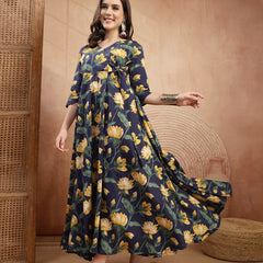 Gulmohar Jaipur Cotton Calf Length Printed 3/4 Sleeve V-Neck Flared Kurta