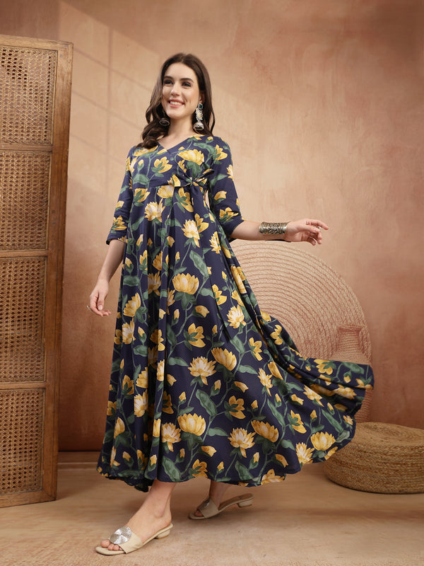 Gulmohar Jaipur Cotton Calf Length Printed 3/4 Sleeve V-Neck Flared Kurta