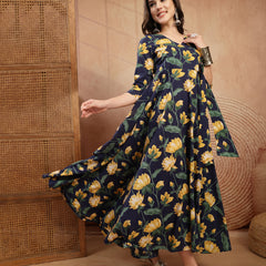 Gulmohar Jaipur Cotton Calf Length Printed 3/4 Sleeve V-Neck Flared Kurta