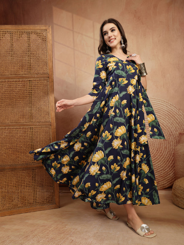 Gulmohar Jaipur Cotton Calf Length Printed 3/4 Sleeve V-Neck Flared Kurta