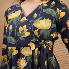 Gulmohar Jaipur Cotton Calf Length Printed 3/4 Sleeve V-Neck Flared Kurta
