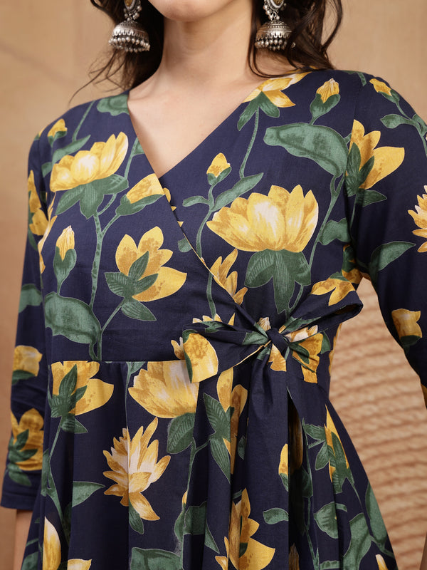 Gulmohar Jaipur Cotton Calf Length Printed 3/4 Sleeve V-Neck Flared Kurta