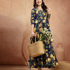 Gulmohar Jaipur Cotton Calf Length Printed 3/4 Sleeve V-Neck Flared Kurta