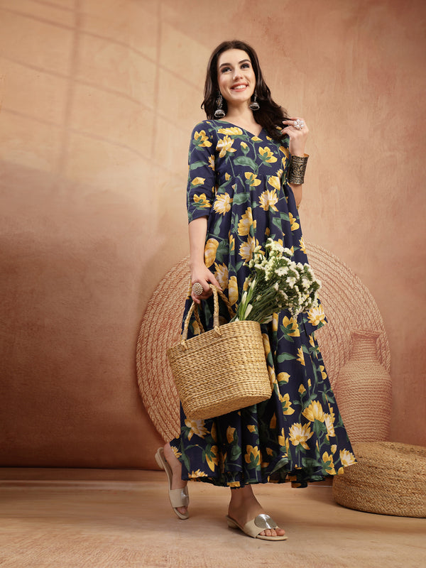 Gulmohar Jaipur Cotton Calf Length Printed 3/4 Sleeve V-Neck Flared Kurta