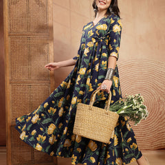 Gulmohar Jaipur Cotton Calf Length Printed 3/4 Sleeve V-Neck Flared Kurta