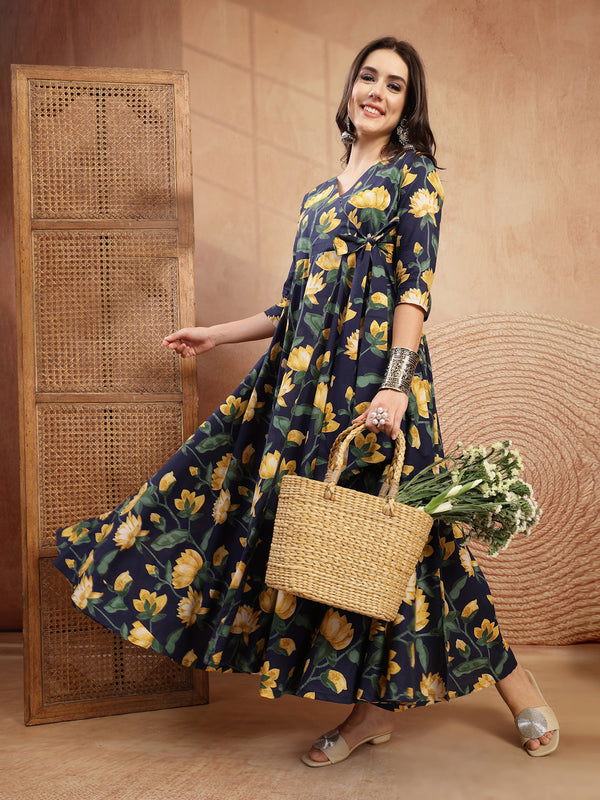 Gulmohar Jaipur Cotton Calf Length Printed 3/4 Sleeve V-Neck Flared Kurta