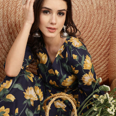 Gulmohar Jaipur Cotton Calf Length Printed 3/4 Sleeve V-Neck Flared Kurta