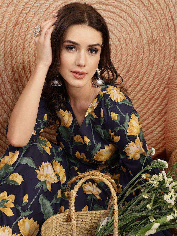 Gulmohar Jaipur Cotton Calf Length Printed 3/4 Sleeve V-Neck Flared Kurta