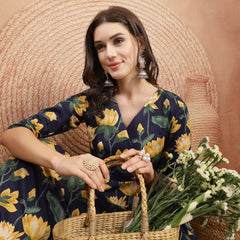 Gulmohar Jaipur Cotton Calf Length Printed 3/4 Sleeve V-Neck Flared Kurta
