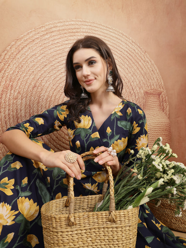 Gulmohar Jaipur Cotton Calf Length Printed 3/4 Sleeve V-Neck Flared Kurta