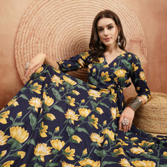 Gulmohar Jaipur Cotton Calf Length Printed 3/4 Sleeve V-Neck Flared Kurta