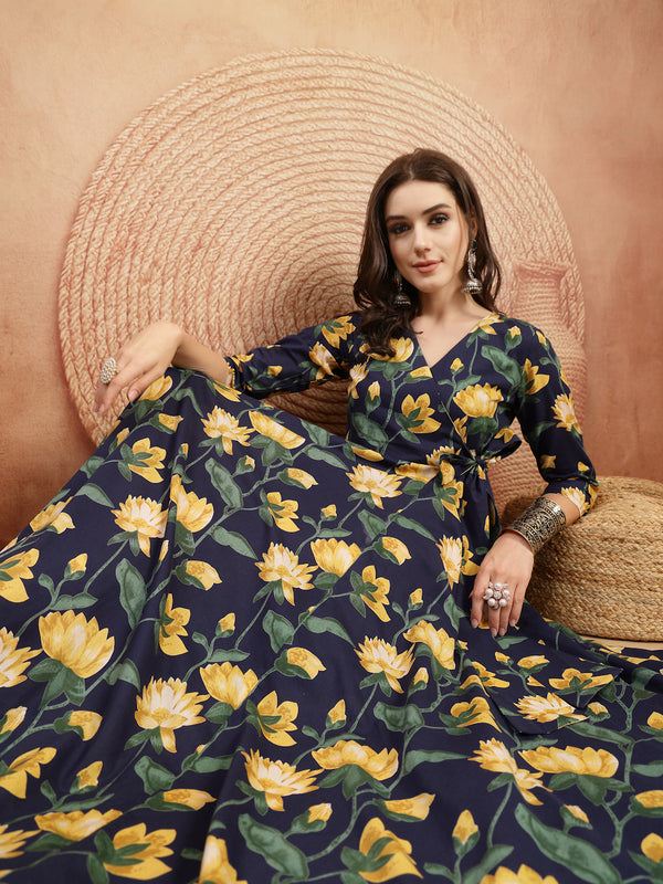 Gulmohar Jaipur Cotton Calf Length Printed 3/4 Sleeve V-Neck Flared Kurta