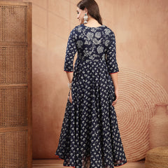 Gulmohar Jaipur Cotton Calf Length Printed 3/4 Sleeve Key Hole Neck Flared Kurta