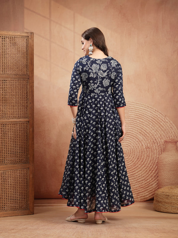 Gulmohar Jaipur Cotton Calf Length Printed 3/4 Sleeve Key Hole Neck Flared Kurta