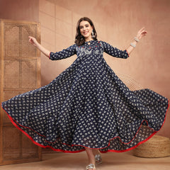 Gulmohar Jaipur Cotton Calf Length Printed 3/4 Sleeve Key Hole Neck Flared Kurta