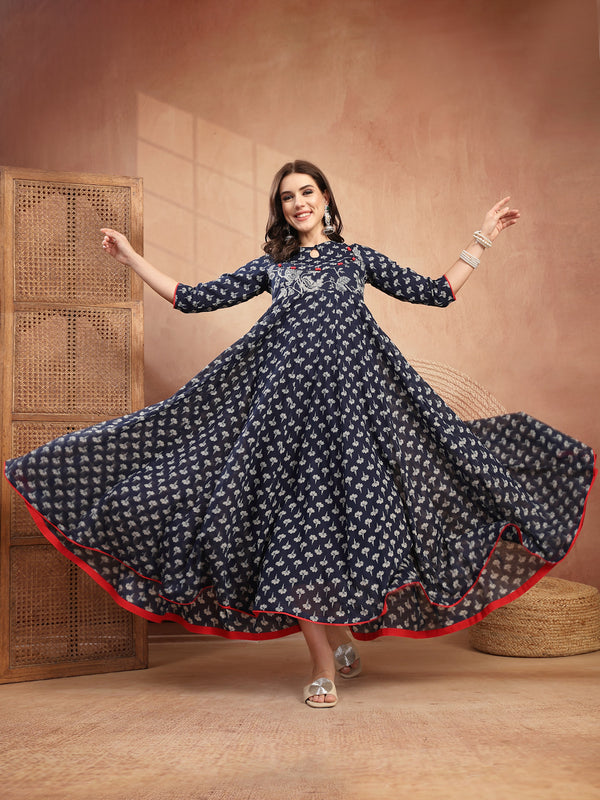 Gulmohar Jaipur Cotton Calf Length Printed 3/4 Sleeve Key Hole Neck Flared Kurta