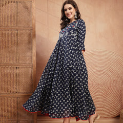 Gulmohar Jaipur Cotton Calf Length Printed 3/4 Sleeve Key Hole Neck Flared Kurta