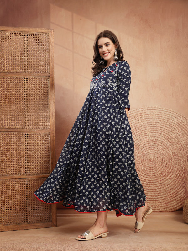 Gulmohar Jaipur Cotton Calf Length Printed 3/4 Sleeve Key Hole Neck Flared Kurta