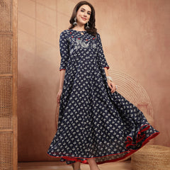 Gulmohar Jaipur Cotton Calf Length Printed 3/4 Sleeve Key Hole Neck Flared Kurta