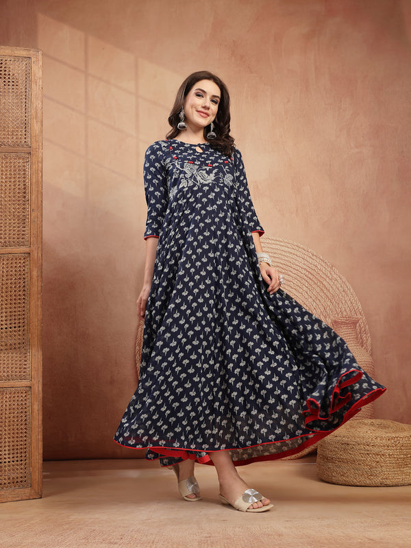 Gulmohar Jaipur Cotton Calf Length Printed 3/4 Sleeve Key Hole Neck Flared Kurta