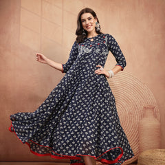 Gulmohar Jaipur Cotton Calf Length Printed 3/4 Sleeve Key Hole Neck Flared Kurta
