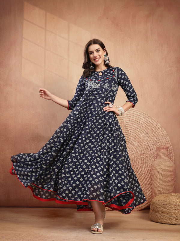 Gulmohar Jaipur Cotton Calf Length Printed 3/4 Sleeve Key Hole Neck Flared Kurta