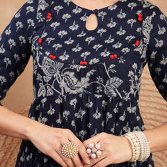 Gulmohar Jaipur Cotton Calf Length Printed 3/4 Sleeve Key Hole Neck Flared Kurta