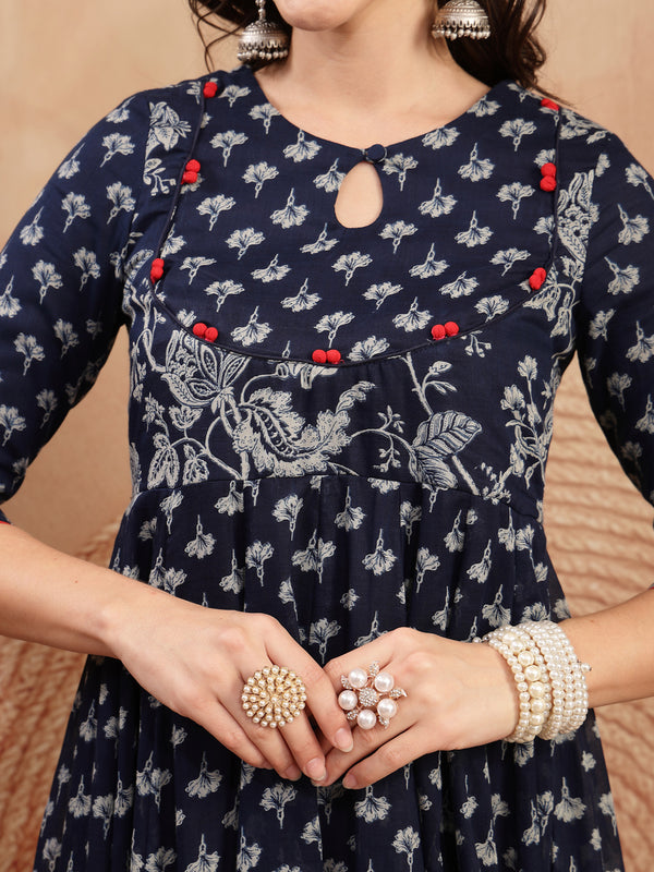 Gulmohar Jaipur Cotton Calf Length Printed 3/4 Sleeve Key Hole Neck Flared Kurta