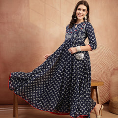 Gulmohar Jaipur Cotton Calf Length Printed 3/4 Sleeve Key Hole Neck Flared Kurta