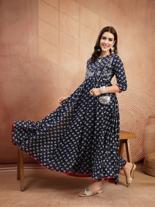 Gulmohar Jaipur Cotton Calf Length Printed 3/4 Sleeve Key Hole Neck Flared Kurta