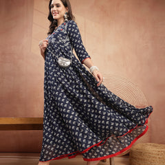 Gulmohar Jaipur Cotton Calf Length Printed 3/4 Sleeve Key Hole Neck Flared Kurta