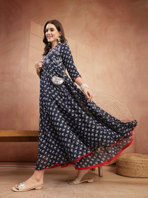 Gulmohar Jaipur Cotton Calf Length Printed 3/4 Sleeve Key Hole Neck Flared Kurta
