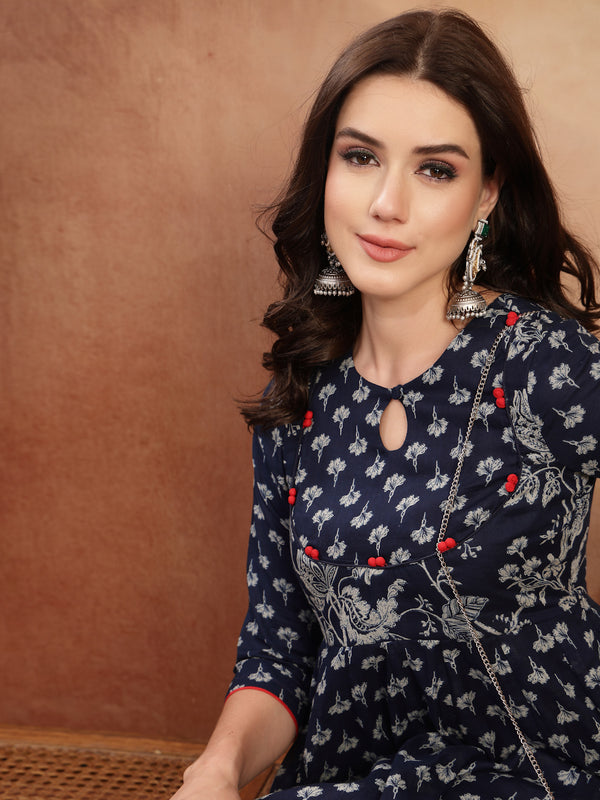 Gulmohar Jaipur Cotton Calf Length Printed 3/4 Sleeve Key Hole Neck Flared Kurta