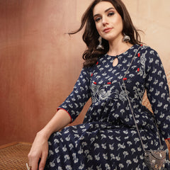 Gulmohar Jaipur Cotton Calf Length Printed 3/4 Sleeve Key Hole Neck Flared Kurta