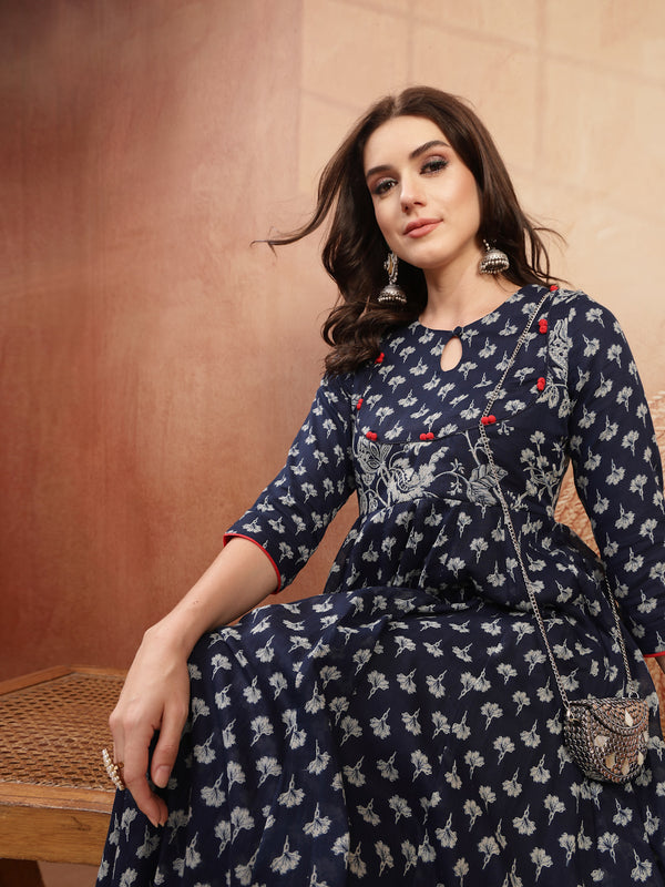 Gulmohar Jaipur Cotton Calf Length Printed 3/4 Sleeve Key Hole Neck Flared Kurta