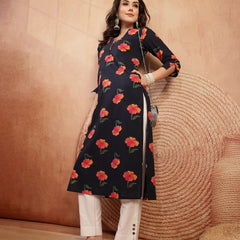 Gulmohar Jaipur Cotton Calf Length Printed 3/4 Sleeve V-Neck Straight Kurta