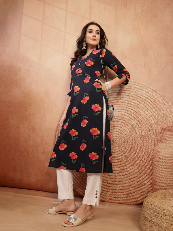 Gulmohar Jaipur Cotton Calf Length Printed 3/4 Sleeve V-Neck Straight Kurta
