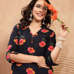 Gulmohar Jaipur Cotton Calf Length Printed 3/4 Sleeve V-Neck Straight Kurta