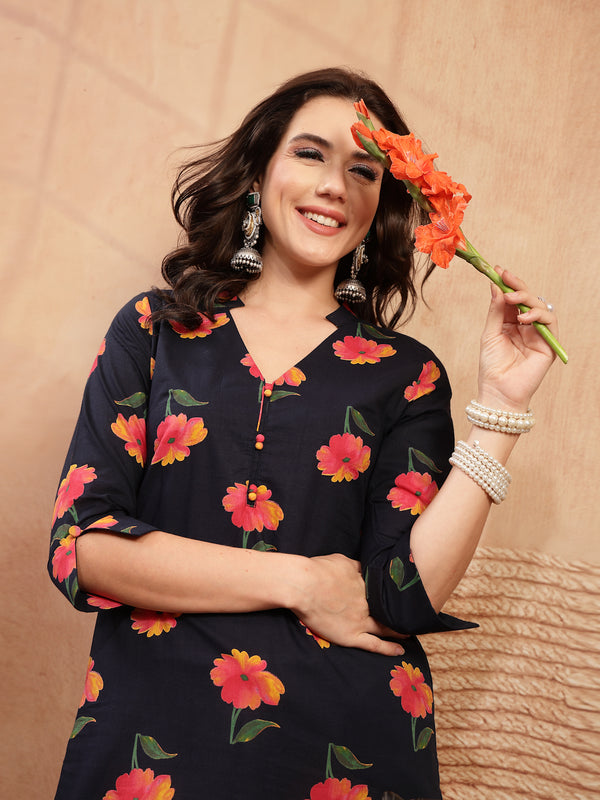 Gulmohar Jaipur Cotton Calf Length Printed 3/4 Sleeve V-Neck Straight Kurta