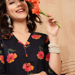 Gulmohar Jaipur Cotton Calf Length Printed 3/4 Sleeve V-Neck Straight Kurta